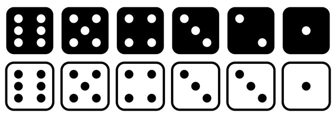 Game dice set icons. Collection in flat and linear design from one to six. Vector illustration