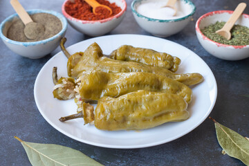 Traditional Turkish foods; Stuffed pepper (Turkish name; biber dolmasi)