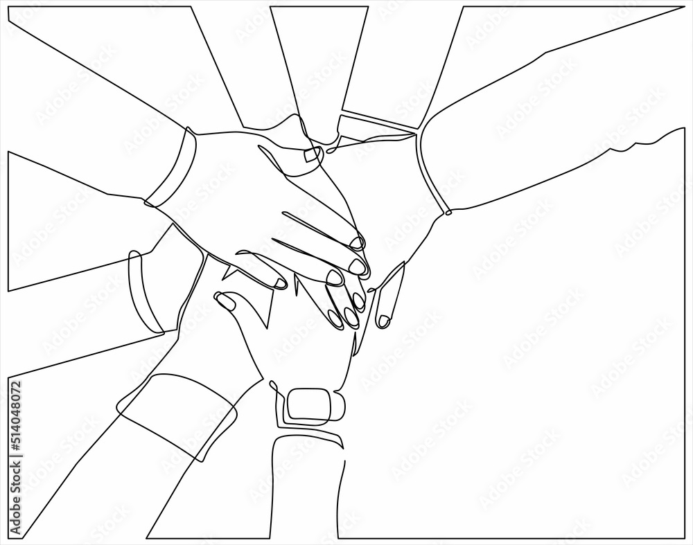 Poster continuous one line drawing of young people putting their hands together. friends with stack of hand
