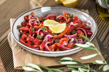 Warm salad or vegetable stew made from red beans and roasted red bell peppers. Vegan food. Thanksgiving Day