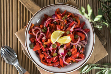 Warm salad or vegetable stew made from red beans and roasted red bell peppers. Vegan food. Thanksgiving Day