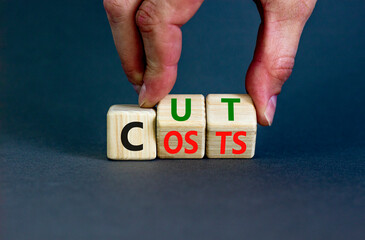 Cut costs symbol. Concept words Cut costs on wooden cubes. Businessman hand. Beautiful grey table grey background. Cut costs and business concept. Copy space.