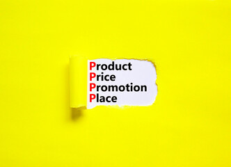PPPP product price promotion place symbol. Concept words PPPP product price promotion place on white paper on beautiful yellow background. Business and PPPP product price promotion place concept.