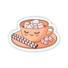 Coffee with marshmallow. Cozy cup. Delicious drink. Tube cookies. Vector sticker. Color picture.