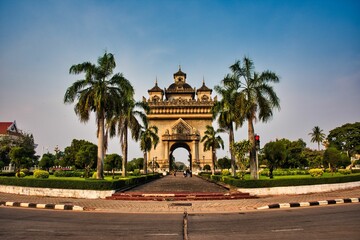 Street view of Patuxay park or Monument at Vientiane, Laos. Patuxay monument, capital city of Laos. High quality photo