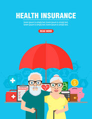 Medical concept design flat. Health insurance elderly people
