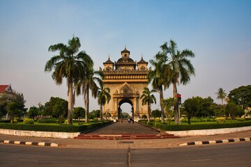Street view of Patuxay park or Monument at Vientiane, Laos. Patuxay monument, capital city of Laos. High quality photo