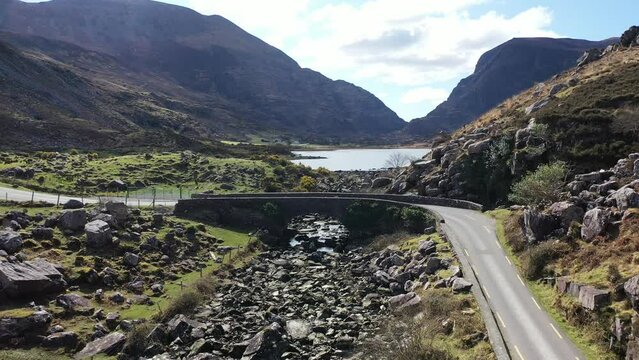 Gap of Dunloe at ring of Kerry Ireland Aerial Video Footage through the valley - 4K