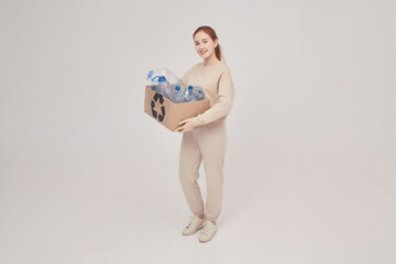 girl hold a box for recycling, she hold in hands box with plastic, eco concept, girl on the white background