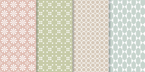 Set of minimal geometric texture seamless patterns. Repeating simple geometrical shapes backgrounds.