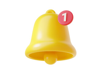 Notification bell icon 3d render - cute cartoon illustration of simple yellow bell with number one.