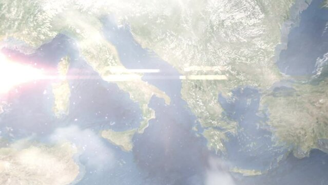 Earth zoom in from outer space to city. Zooming on Brindisi, Italy. The animation continues by zoom out through clouds and atmosphere into space. Images from NASA