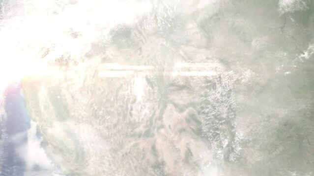 Earth zoom in from outer space to city. Zooming on Salt Lake City, Utah, USA. The animation continues by zoom out through clouds and atmosphere into space. Images from NASA