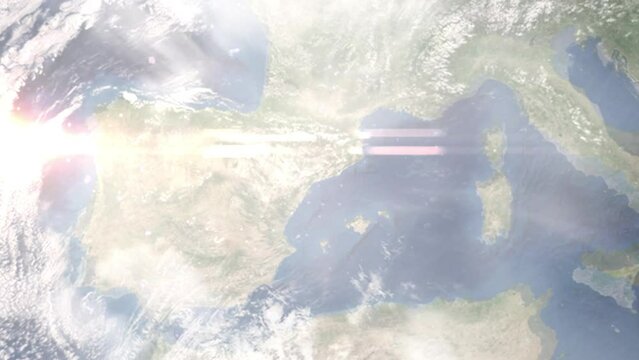Earth zoom in from outer space to city. Zooming on Tarragona, Spain. The animation continues by zoom out through clouds and atmosphere into space. Images from NASA