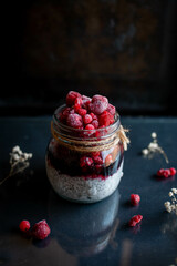 Close-up of chia seed pudding with mixed berries 