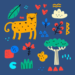 Hand drawn doodle set of leopard, plants and doodle spots. Colorful cute african wildlife and exotic predator. Children design. Color doodle style print with animal and botanical elements.