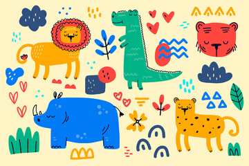 Collection of hand drawn doodle animals and decorative design elements illustrated in trendy doodle style - spots, plants, symbols. Colorful vector illustration for design T-shirt, poster, print.