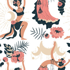 Seamless pattern in boho tribal dance with snakes