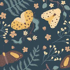 Seamless pattern mysterious garden with insects and night moths