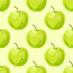 Seamless pattern with Illustration green apples on a light yellow background