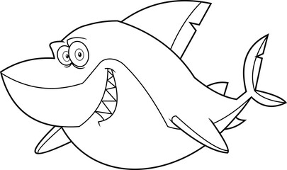 Outlined Great White Shark Cartoon Character. Vector Hand Drawn Illustration Isolated On White Background