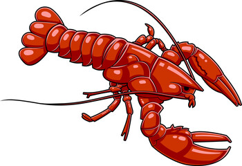 Cartoon Red Lobster With Two Claws. Vector Hand Drawn Illustration Isolated On White Background