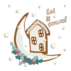 Christmas card with gingerbread house hand drawn flat vector illustration