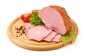 Hot stuffed pork ham with lettuce leaf, isolated on white background.