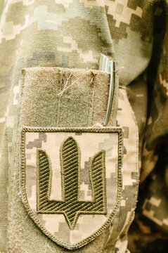 Chevrons on the Ukrainian military pixel uniform. Sleeve badge of the land forces of Ukraine.