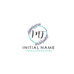 Initial letter MF handwriting with floral frame template