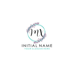 Obraz premium Initial letter MX handwriting with floral frame template