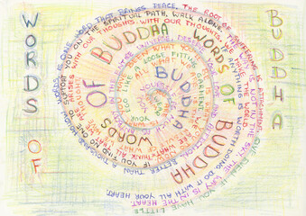 Words of Buddha in a spiral. The main color of this drawing is yellow. The used ink is from a ballpoint with different colors.