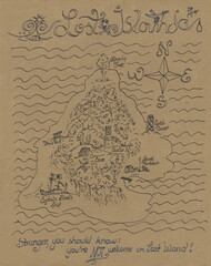 Drawing of a map of a fantasy island. It has a castle, a forest and a pirate ship