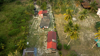 Aerial drone view of rural settlements scenery in Besar Island, Mersing, Johor, Malaysia
