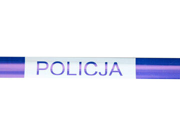 Taśma zabezpieczająca niebiesko biała z napisem policja. Zakaz wstępu.  - obrazy, fototapety, plakaty