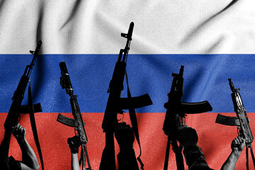 Russia flag and combat military assault rifles AK 74 and AK 74U on its background, terrorist group.