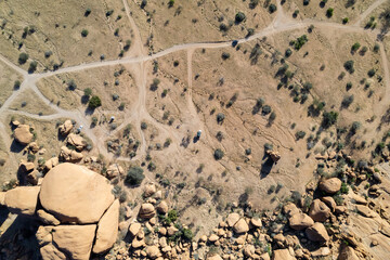 Drone view of the campsite with roof tent cars near the Spitzkoppe in Namibia Africa