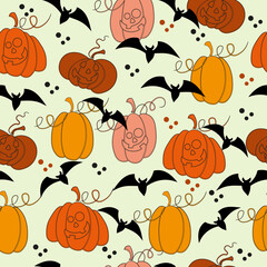 Halloween with pumpkins and bats.