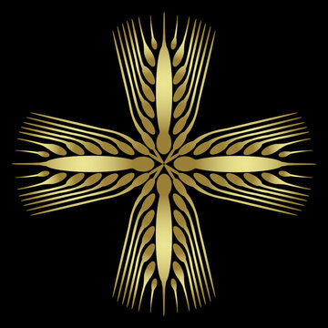 Rectangular cross shape with four stylized ears of barley. Harvest symbol. Golden glossy silhouette on black background.