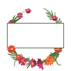 Floral wreath with orange and pink flowers isolated on white. Floral round frame. Botanical frame template for wedding invitations, decor