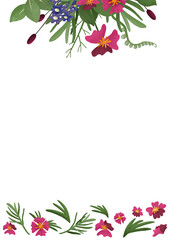 Vertical floral frame with summer pink flowers and leaves on white background. Botanical template with space for text. Perfect for invitation, wedding or greeting cards.