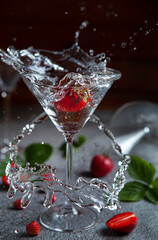 cocktail with strawberry and splash in the martini glass