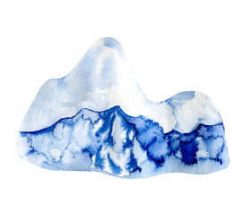 Watercolor blue iceberg in the mountains, snowdrift or winter hill