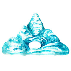 Watercolor cartoon ice cave or blue winter hill isolated