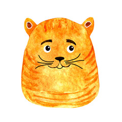 Watercolor cute ginger cat face isolated on white