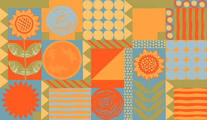 Seamless abstract geometric pattern with blooming sunflower,rough stripes, dots, triangles, wavy lines in blue,yellow and orange colors.Vector background and texture for printing on fabric and paper.