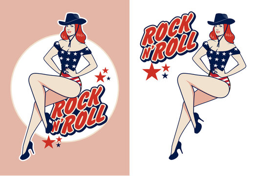 Beautiful pin up girl dressed in the old American cowgirl style of the 50s representing a typical rock and roll icon