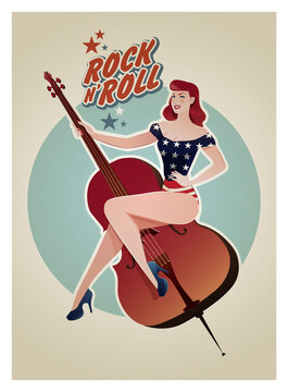 Beautiful pin up girl dressed in the old American style of the 50s holding a double bass representing a typical icon of rock and roll