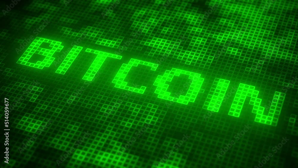 Aufkleber bitcoin text made of pixels on the screen, 3d animation