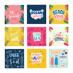 Set of square cards with hand lettering inscriptions about summer. Hand written summertime phrases Sand In My Hair, Beach Day, Under The Sea, Vitamin Sea, Ocean Is Calling, My Happy Place, Surf Day